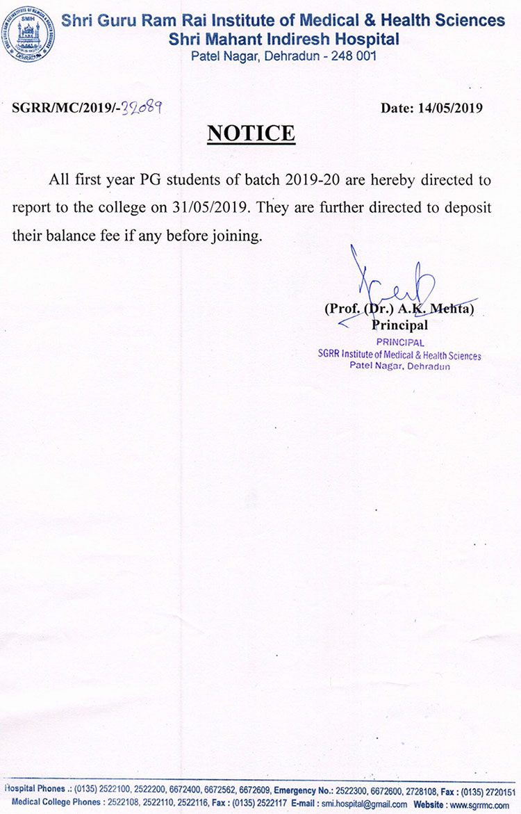 Important Notice for PG Students 2019-20