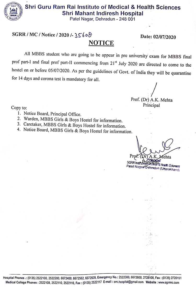 Notice for MBBS final prof. Part-I and part-II