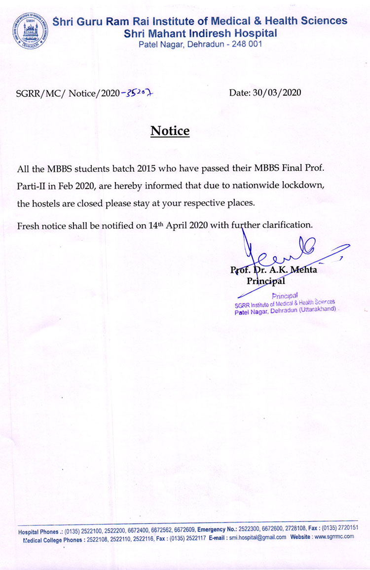 Notice for MBBS 2015 Batch students