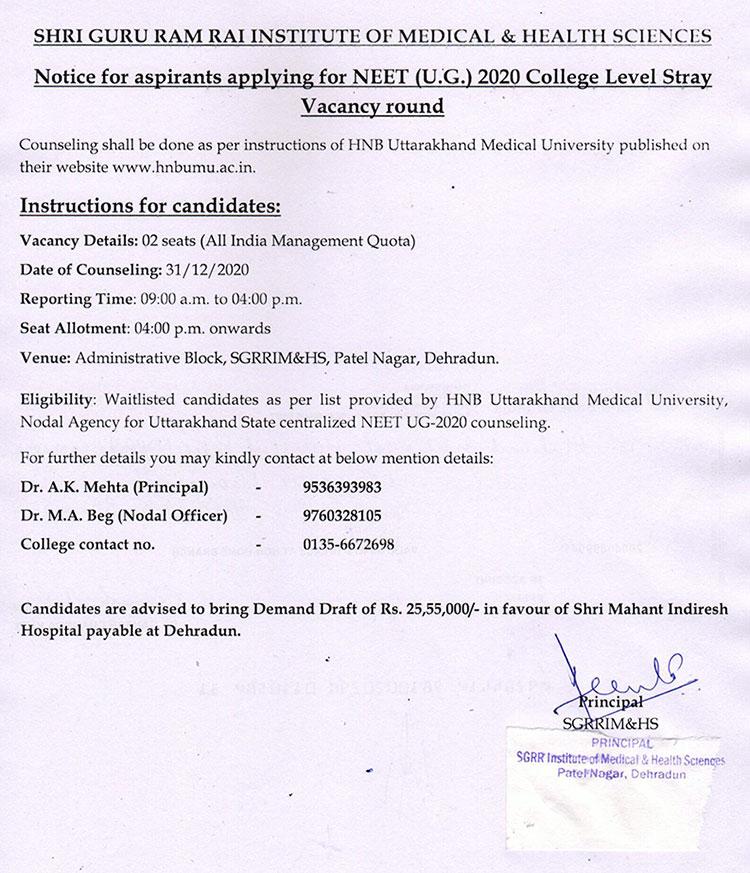 Notice for aspirants applying for NEET(U.G.) 2020 college level Stray vacancy round