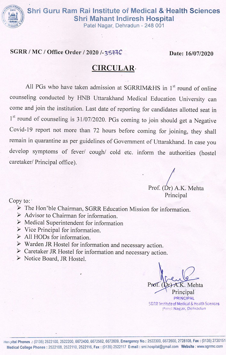 Important notice for PG Students Batch 2020